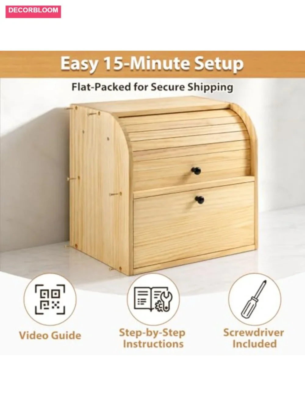 Solid Pine Wood 2-Tier Roll Top Bread Box with Magnetic Cutting Board